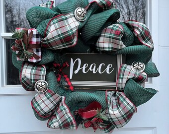 Peace on Earth Wreath, Christmas Wreath, Burlap, Deco Mesh Wreath, Wooden Sign, Welcome Wreath, Gift Idea, House Warming, Christmas Decor