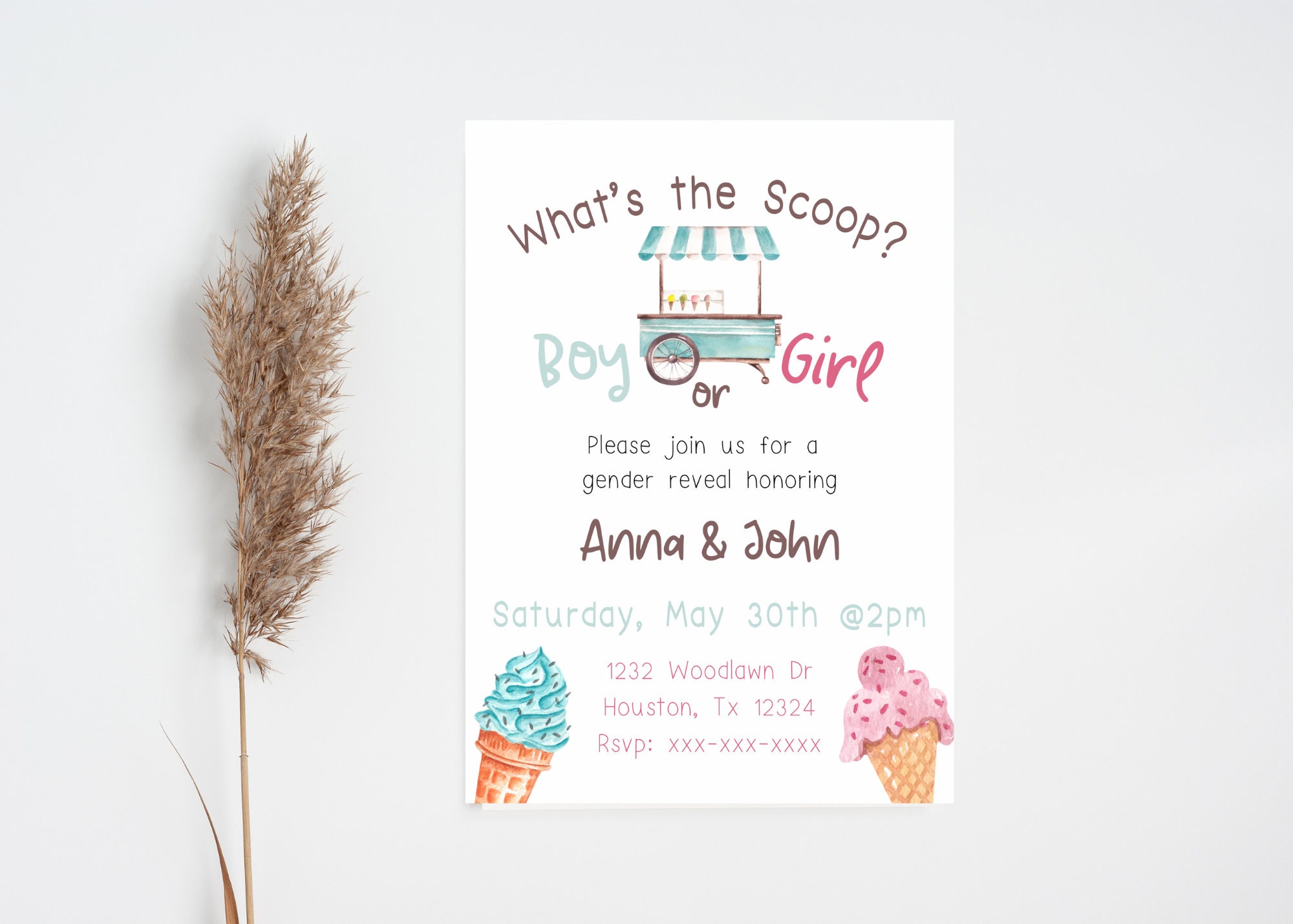 Whats the scoop gender reveal invitation ice cream themed gender reveal printable editable template invitation