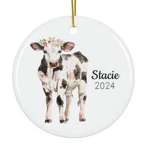 Floral Cow Ornament with Name - Cow Lover Gift, Farm Animal Ornament, Personalized Tree Decoration, Black White Cow, Christmas Gift for her