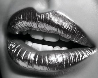 chrome plated lips | shiny | woman | AI artwork | wall art | digital download | printable wall art
