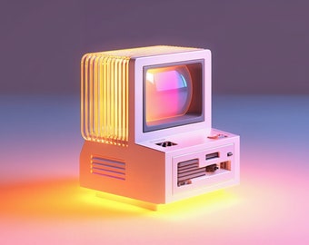 retro computer | translucent | gradient | pink | yellow | AI artwork | wall art | digital download | printable wall art