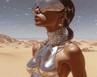 chrome woman in desert | shiny | chrome | AI artwork | wall art | digital download | printable wall art