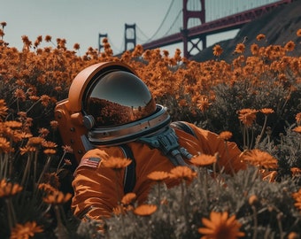 astronaut in flowers | orange | san francisco | AI artwork | wall art | digital download | printable wall art