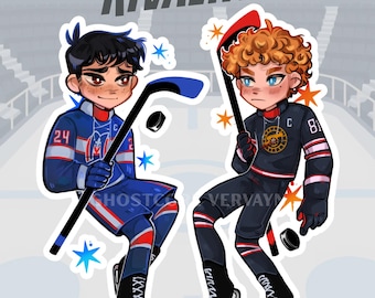 Könnte beinhalten: Fan-Art-Aufkleber mit zwei Eishockeyspielern. Einer trägt ein blau-rotes, der andere ein schwarz-rotes Trikot. Der Text "HEATED RIVALRY" steht oben. Der Text "FANARE STICKERS" ist ebenfalls sichtbar.