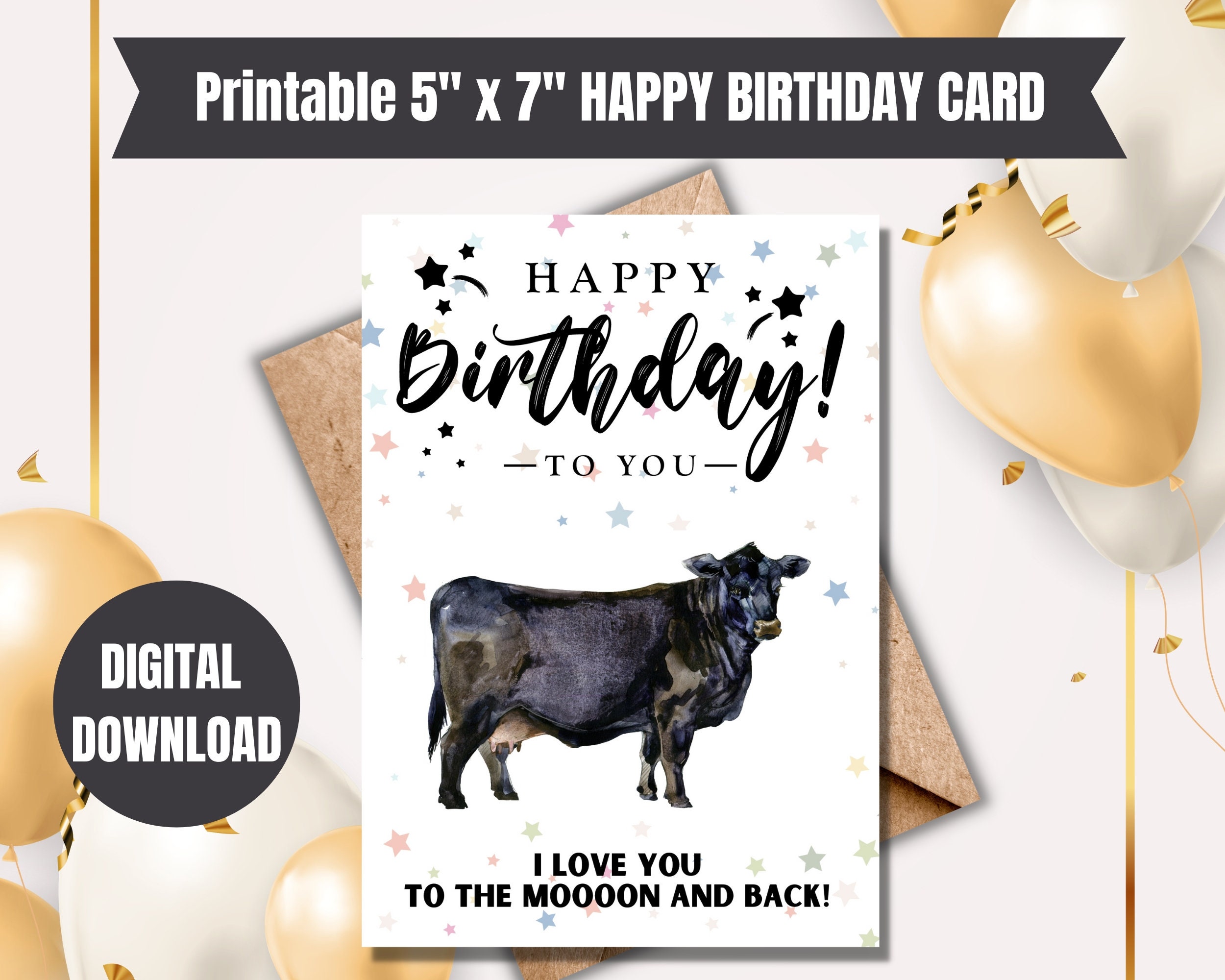 Happy Birthday Card Funny Black Angus Cow Birthday Card Digital