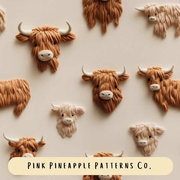 Highland Cow Seamless Pattern, Faux Knit,Seamless File, Embroidery Seamless, Digital Paper, Cow Seamless Pattern, Farm Animal Seamless