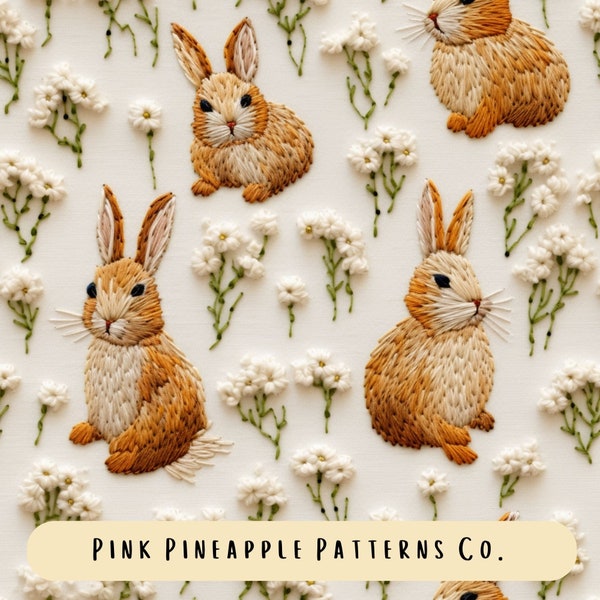 Seamless pattern, seamless bunny, summer spring floral,embroidery seamless,faux embroidery, boho floral, spring floral, Bunny seamless