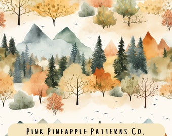 Fall Forest seamless pattern, watercolor autumn pattern, fall tree, Fall landscape, fall leaves, sublimation, digital download