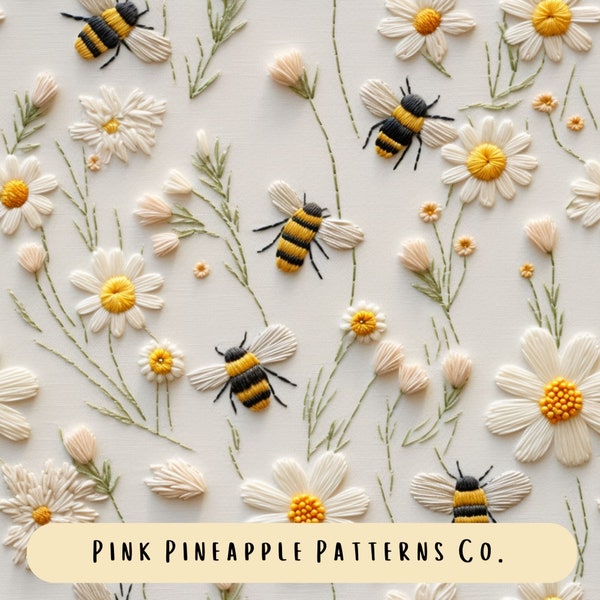 Seamless bee pattern, seamless floral, summer spring floral,embroidery seamless, boho floral, spring floral, wildflower seamless