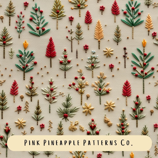 Christmas seamless pattern, faux embroidery, christmas embroidery, christmas landscape, abstract seamless, neutral Christmas trees