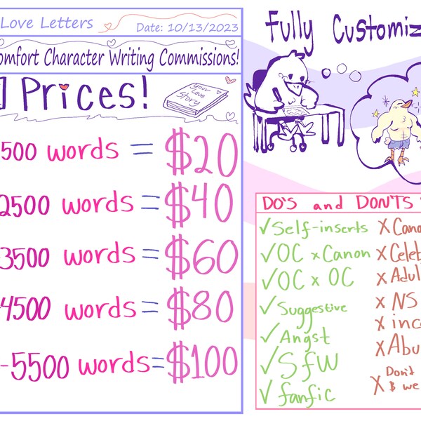 Comfort Character Writing Commissions! Fully Customizable, One-shot Fanfiction Commissions!