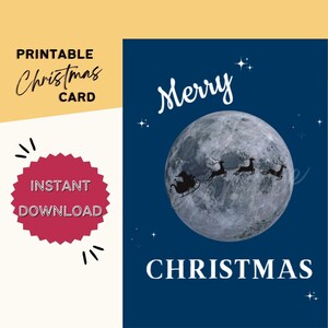 Santa Sleigh and the Moon | Printable Santa Christmas Card | Christmas Night | Xmas Card | Happy Holidays | Merry Christmas | Navidad | Noel
