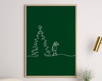 Enfant avec art mural numérique d’arbre de Noël, dessin au trait de Noël, décor de vacances, art mural minimaliste, décor de Noël, art mural de pin