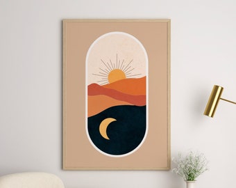 Zon en maan digitale muurkunst, Boho prints, woestijnmuurkunst, Arizona decor, neutrale posters, trendy muurkunst, esthetische kunst, zonnige kunst