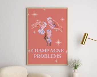 Sztuka ścienna Champagne Problems, wydruk cyfrowy Cocktail, modne wydruki, estetyczny wystrój pokoju w akademiku, sztuka ścienna Preppy, prezent na parapetówkę, wózek barowy