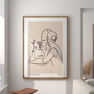 バーカートのラインアートデジタルプリント、旅行する女性のラインアート、トレンディなウォールアート、寮の部屋の装飾、美しいウォールアート、ホームデコレーション、カクテルプリント