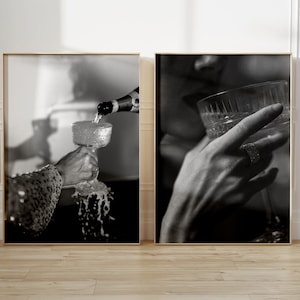 Champagne Wall Art, Cocktail Poster, Bar Cart Prints, Aesthetic Black And White Wall Art, Minimalist Art, Dorm Room Decor, Monochrome Art