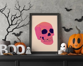 Pink Skull Halloween Wall Decor, Preppy Halloween Prints, Goth Halloween Poster, Minimalist Home Decor, Trendy Wall Art, Skeleton Wall Art