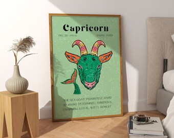 Capricorn Digital Wall Art, Zodiac Posters, Retro Grain Capricorn Print, Astrology Wall Art, Trendy Prints, Dorm Room Decor, Vintage Zodiac