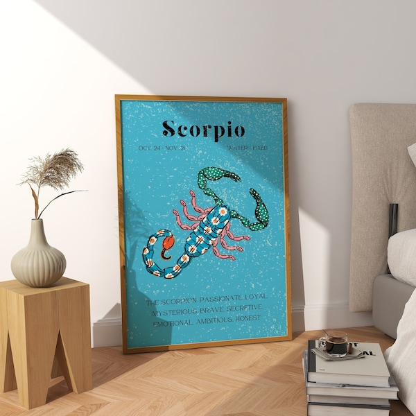 Scorpio Digital Wall Art, Retro Grain Zodiac Poster, Astrology Wall Art, Trendy Wall Art, Preppy Prints, Spiritual Wall Art, Dorm Room Decor