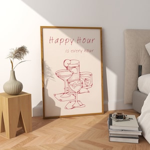 Happy Hour Digital Wall Art, Funny Bar Cart Prints, Dorm Room Decor, Cocktail Wall Art, Trendy Champagne Wall Art, Home Bar Wall Decor