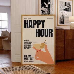 Happy Hour digitale kunst, Bar Cart Prints, Cocktail Wall Art, Dorm Room Decor, Keuken Wall Art, Trendy Prints, Retro Wall Art, Martini Art