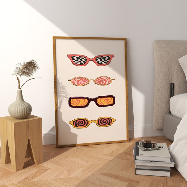 Retro 70's Sunglasses Digital Wall Art, Funky Prints, Trendy Wall Art, Glasses Wall Art, Dorm Room Decor, Vintage Sunglasses Art, Preppy Art
