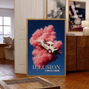 Illusion Digital Wall Art, Retro Prints, Dekoracja pokoju w akademiku, Sztuka ścienna zabytkowych samochodów, Różowa sztuka chmur, Maksymalistyczna dekoracja ścienna, Sztuka lat 70., Modna sztuka