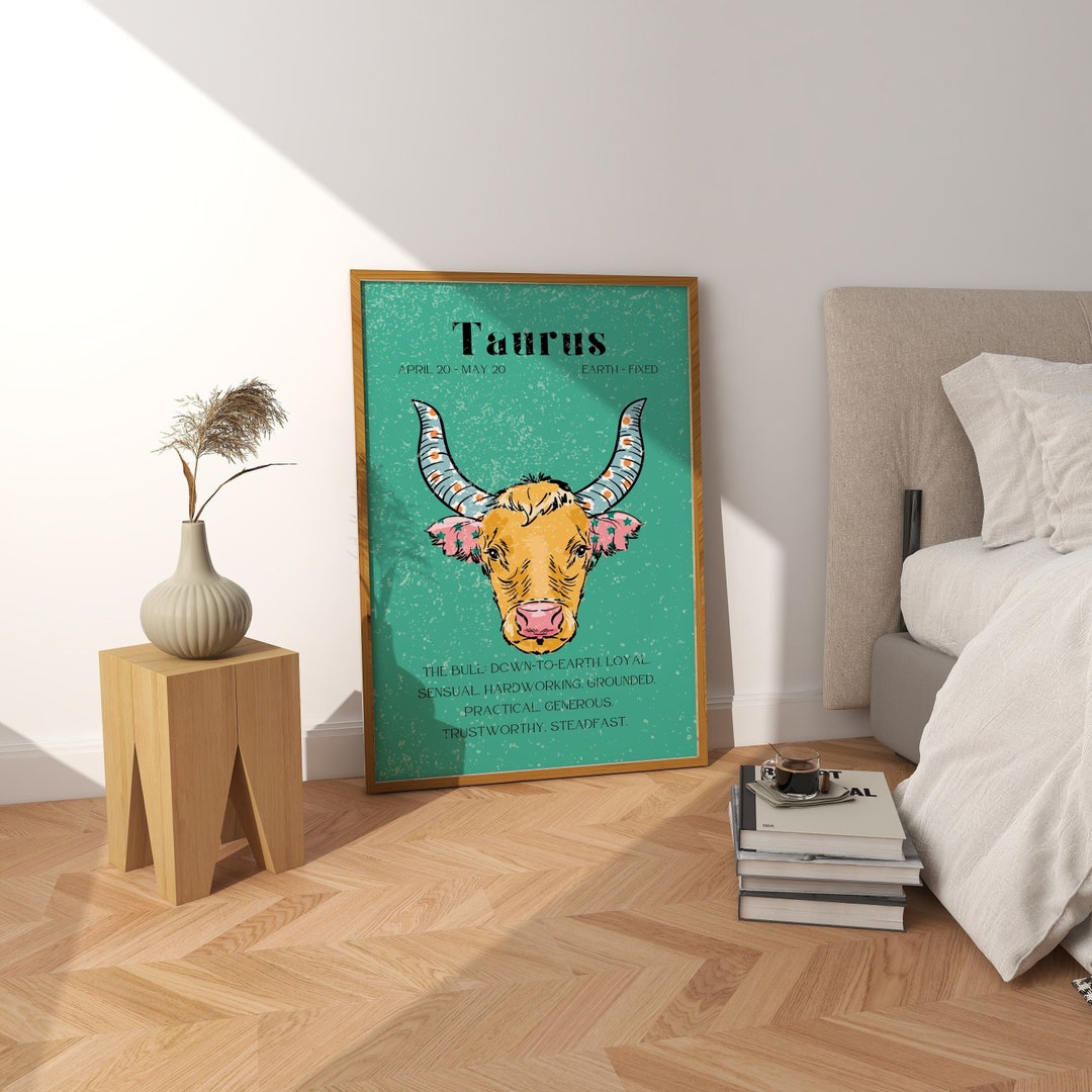 Taurus Digital Poster, Zodiac Wall Art, Astrology Prints, Retro Zodiac