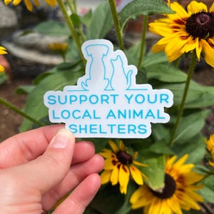 May include: A white sticker with a blue outline of a dog and cat, and the text "SUPPORT YOUR LOCAL ANIMAL SHELTERS" in blue. The sticker is held in front of yellow flowers with dark brown centers.