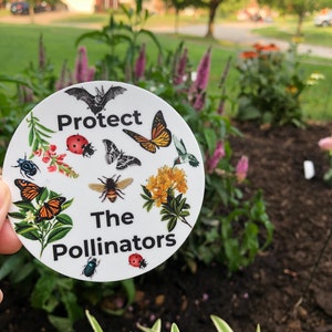 May include: White round sticker with the text "Protect The Pollinators" and images of a bat, butterfly, bee, ladybug, and other insects.