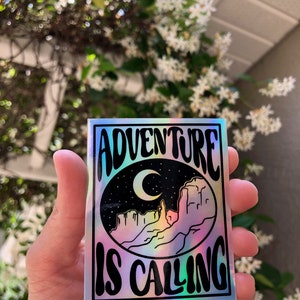 Adventure is Calling Holographic Sticker | Hiker | Desert | Moon | Stars | Nature Lover | National Parks | Water Bottle Decal