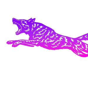 May include: A stylized illustration of a wolf in mid-leap, rendered in a gradient of purple and pink. The wolf is depicted with its mouth open, showcasing its teeth, and its body is detailed with textured lines.