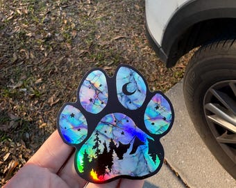 Holographic Paw Print Magnet | Celestial Mountain Scene, Moon, Stars, Dog Lover Accent