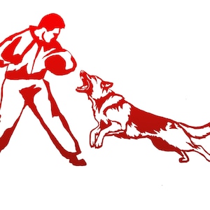 May include: A red and white graphic illustration shows a person in a uniform with a ball, facing a leaping dog with an open mouth. The dog is mid-air, appearing to bark or growl. The image is set against a white background.