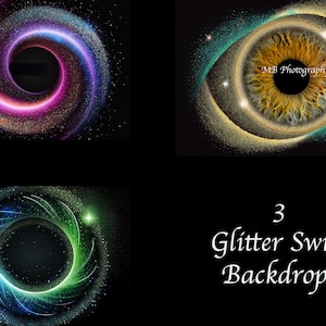 May include: Three glitter swirl backdrops with a black background. One backdrop features a spiral of pink, purple, and blue glitter. Another depicts a detailed eye with gold and teal glitter. The third has a green and blue glitter swirl.