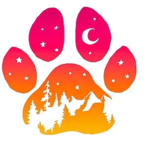 Hemelse pootafdruk vinyl sticker - Hondenpoot sticker met bergen en nachtelijke hemel - Sticker voor wandelende hond