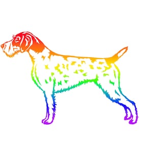 May include: A graphic illustration of a dog standing in profile, featuring a vibrant rainbow gradient color scheme that transitions from red at the head to violet at the paws and tail, set against a plain white background.