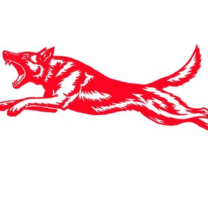 May include: A red illustration of a wolf in mid-leap with its mouth open, set against a white background. The wolf's body is detailed with white lines, creating a textured effect. The image conveys a sense of energy and movement.
