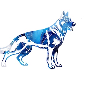 May include: A stylized illustration of a German Shepherd dog standing in profile. The dog features a vibrant blue and white marbled pattern with swirling ink-like textures and subtle gold accents throughout its body against a white background.
