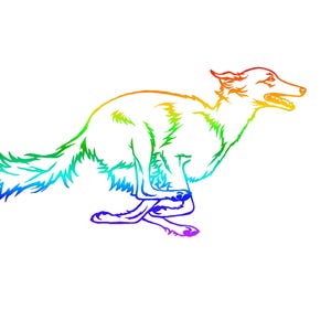 May include: A running dog illustration in a rainbow gradient of colors. The dog is depicted in a dynamic pose, with its body elongated and legs extended, suggesting speed and motion. The artwork is set against a plain white background.