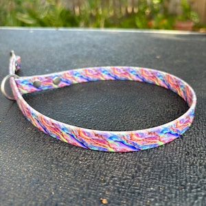 May include: A colorful dog collar with a swirling pattern in shades of pink, blue, yellow, and purple. The collar has a metal D-ring and buckle for secure attachment. The collar is approximately 1 inch wide.