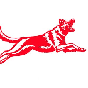 May include: A red and white graphic of a dog in mid-leap, with its mouth open in a bark. The dog's body is red, with white detailing to show the fur and muscle definition. The background is plain white.
