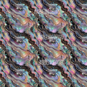 May include: Abstract pattern with swirling colors of black, gold, purple, blue, and green. The design has a marbled effect with glitter accents and the text "MARBLE DOG DESIGNS" repeated across the image.