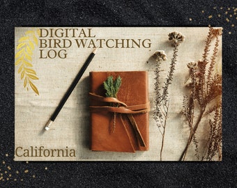 May include: A brown leather journal with a leather tie, a pencil, and sprigs of greenery. The text "DIGITAL BIRD WATCHING LOG" and "California" are printed on the top left and bottom of the image, respectively.
