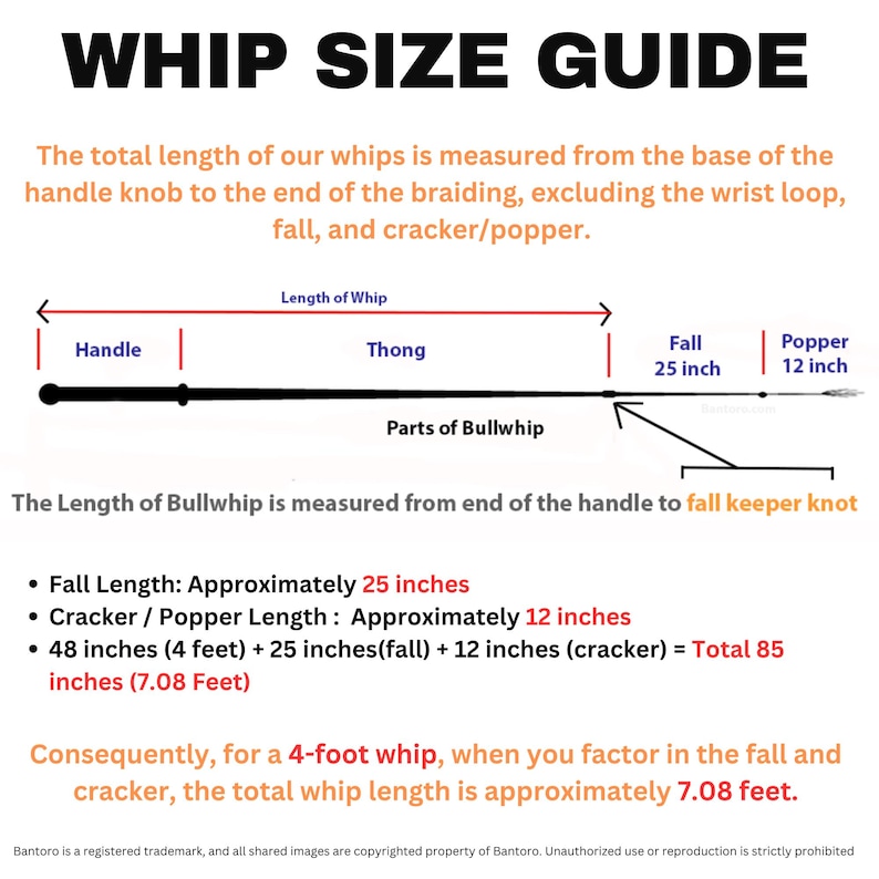 May include: Diagram titled "WHIP SIZE GUIDE" detailing bullwhip measurements. Includes labels for handle, thong, fall (25 inches), and popper (12 inches). Text explains how to measure whip length, with examples.