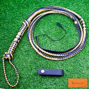 Black & Yellow Genuine Leather Bullwhip 8ft 12 Plaits Braided Training Whip Loud Cracking Horse Riding Crop Equestrian Durable  Flexible