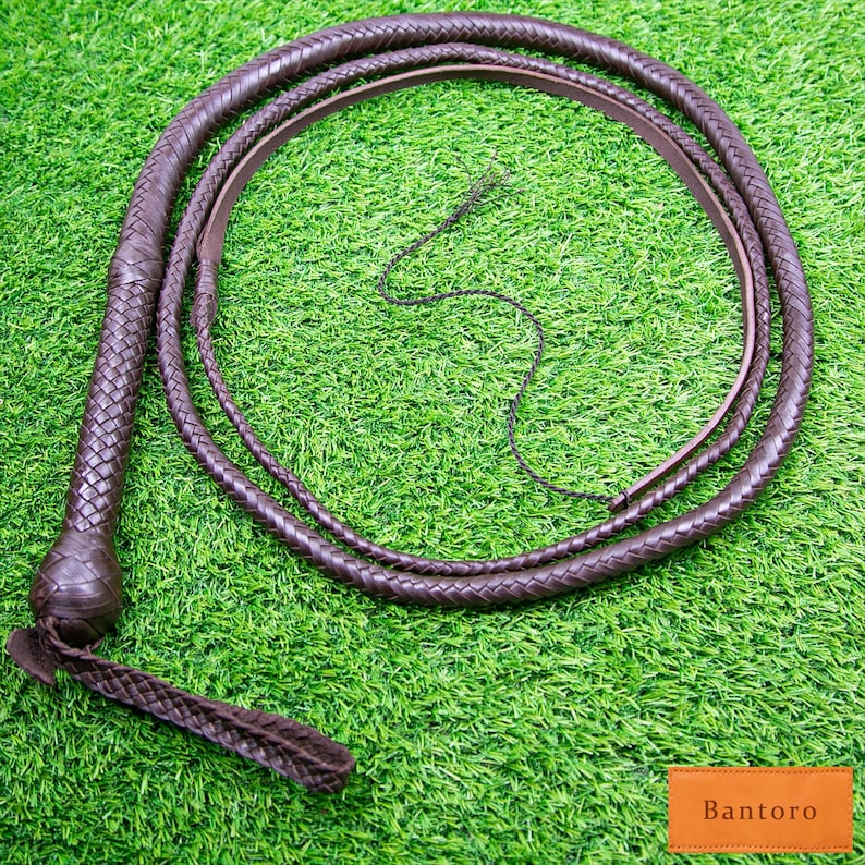 May include: A dark brown leather whip with a braided handle and a long, tapered lash. The whip is coiled on a green surface. The handle has a bulbous end and a short, braided fall. The word "Bantoro" is on a small orange tag.