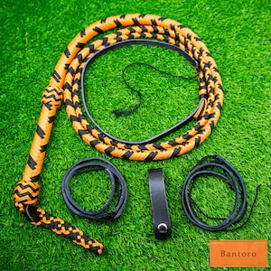 Paracord/Nylon Bullwhip Black and Orange 16-Plait – Braided with Leather Belly & Bolster, Loud Cracking Whip with Durable Strands Inside