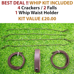 May include: A whip kit on a green background. The kit includes four braided crackers, two falls, and a brown leather whip waist holder. The text at the top reads "BEST DEAL !! WHIP KIT INCLUDED".